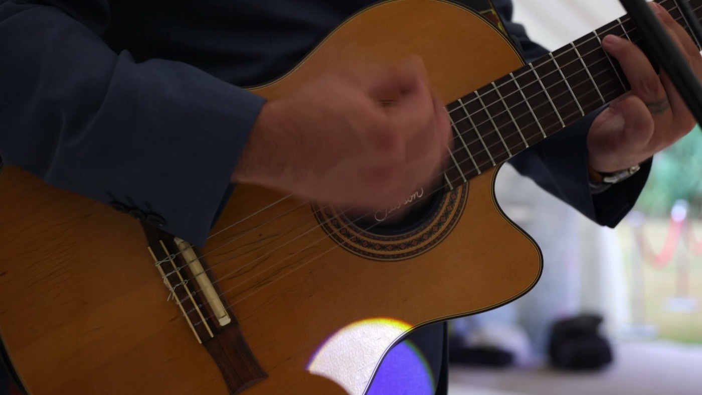 Close-up of a guitarist playing an acoustic guitar